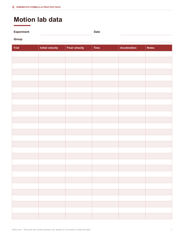 Preview of Printable Motion Lab Data Sheet